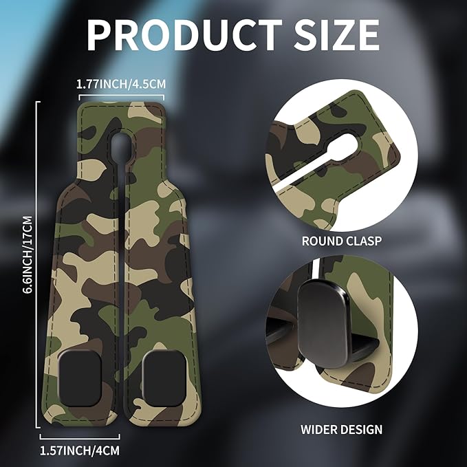 Car Seat Headrest Hook, Universal Leather Cute Hanger Holder Hook, Storage Organizer Interior Accessories for Purse Bags Handbag Green Camouflage