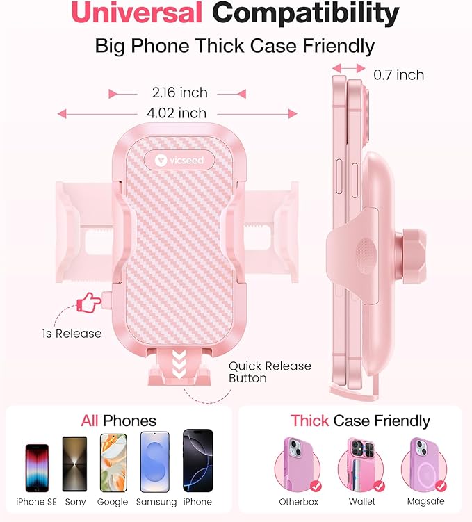 VICSEED Pink Phone Holder for Your Car [ Sturdy & Secure ] Air Vent Phone Mount for Car Hands Free Easy Clamp Cradle in Vehicle for iPhone Samsung Android Smartphone, Pink Car Accessories