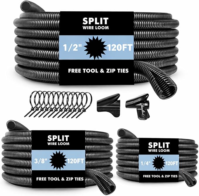 Automotive Wire Loom Flame Retardant Split Wire Loom Tubing Assortment Wiring Loom Kit Plastic Cover Electrical Covering Conduit Protective Wire Wrap Cable Sleeves Black 1/4", 1/2", 3/8" x 120 Ft