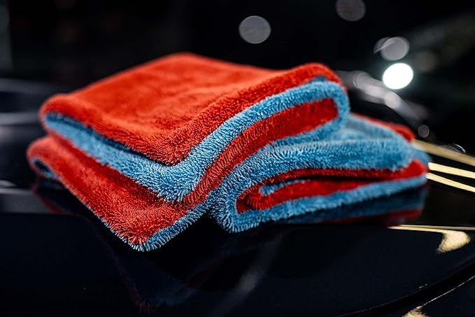 Autofiber Dreadnought Max Triple Layer Microfiber Car Drying Towel, Twist Pile and 1400GSM, Pack of 2 (16 inch x 16 inch) Blue/Red