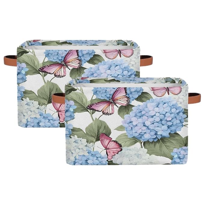 Blue Hydrangea Flowers Storage Baskets for Organizing, Fabric Collapsible Storage Bins Box Pink Butterfly Decorative Toy Organizer Baskets for Closet Shelves Gift Basket 2Pcs