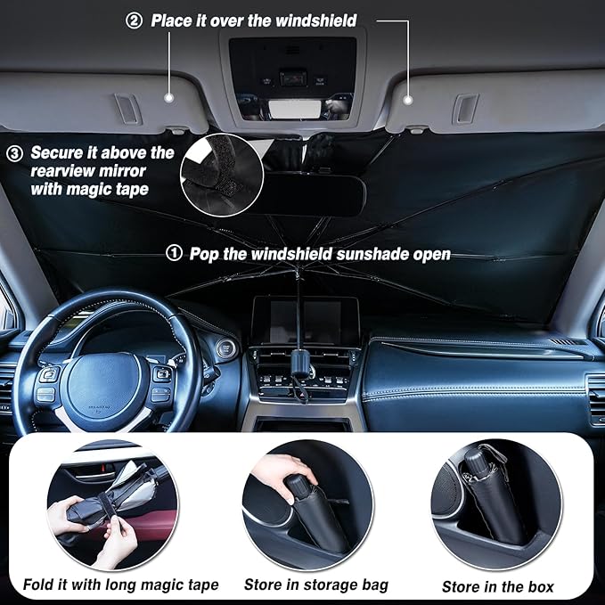 Windshield Sun Shade Umbrella - Car Sun Shade Windshield, Foldable Car Window Shades, Reflector Sunshade Offers Ultimate Sun Protection for Hatchback, Truck, SUV, MPV