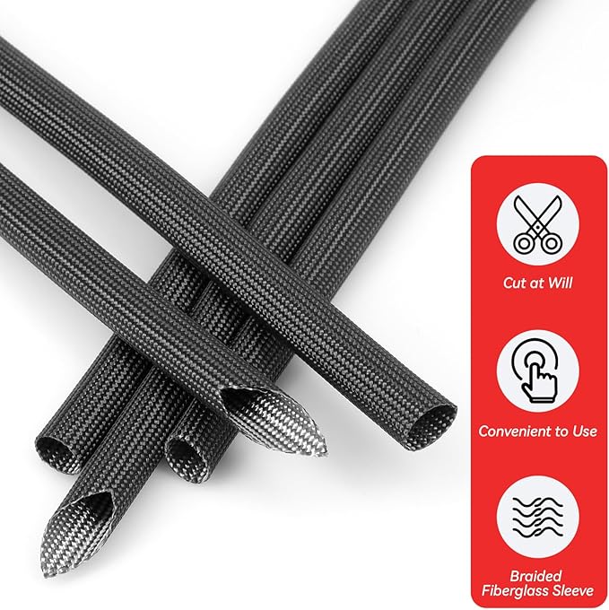 Braided Fiberglass Sleeve, 10ft High Temp Cable Sleeve, Flexible Cable Management Cable Protector for Car Wire Loom Protection (Black, 1/4")