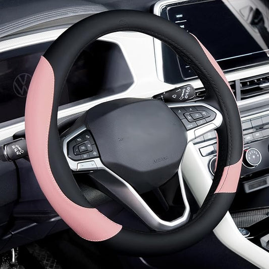 Coverado Car Steering Wheel Cover, Nappa Leather Black & Pink Steering Wheel Covers for Women, Universal 14-15 inch, Anti-Slip, Breathable Steering Wheel Protector