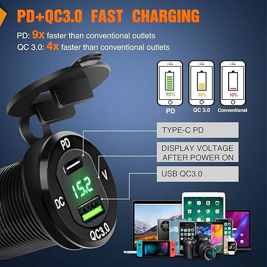 Nilight 4 Gang Rocker Switch Box 12V SPST ON Off Toggle Switches PD Type C and QC 3.0 USB Charger Voltmeter LED Light Waterproof Aluminum Mount Bracket Panel DIY Stickers for Boat Car RV Truck