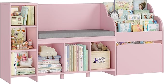 HOSTACK 67" W Kids Reading Nook with Toy Storage Organizer, Large Kids Bookshelf with Toy Storage Box on Wheels, Big Kid Bookcase with Bench and 6 Open Cubbies for Playroom, Kid Room, Pink