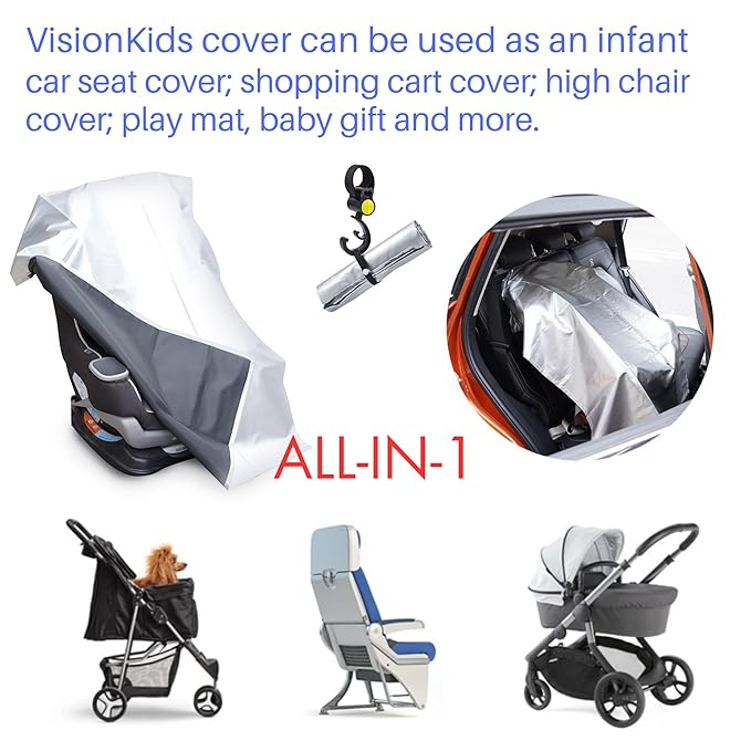 VisionKids Baby Car Seat Sun Shade Cover with Free Storage Bag Included | Infant Car Seat Heat Protector | UV Protection Cooler Cover | Keeps Toddler Seat Cool in Baby Car | Travel Accessories Silver
