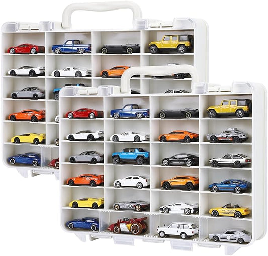 Storage Case for Hot Wheels - Carrying Display Case for 1/64 Scale Toy Cars, 48-Slot Double-Sided Transparent Organizer with Built-in Steps & Adjustable Dividers (2 Packs)