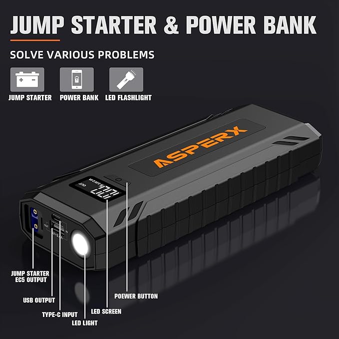 ASPERX Car Jump Starter, 4000A Peak Battery Starter for All Gas or 10.0L Diesel Engines, 12V Battery Starter, Jump Box with USBA, Lithium Battery Booster with Built-in LED Light