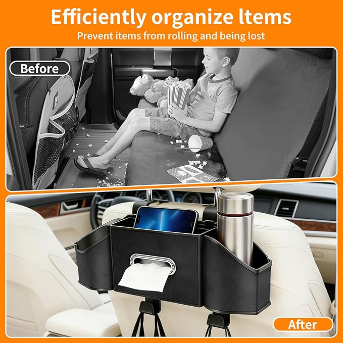 7-in-1 Multifunctional Car Seat Back Organizer, Car Back Seat Storage Box Trash Can & Cup Holder with Tissue Box, Hooks, Universal Fit for Most Cars, SUVs, Trucks (Black.)