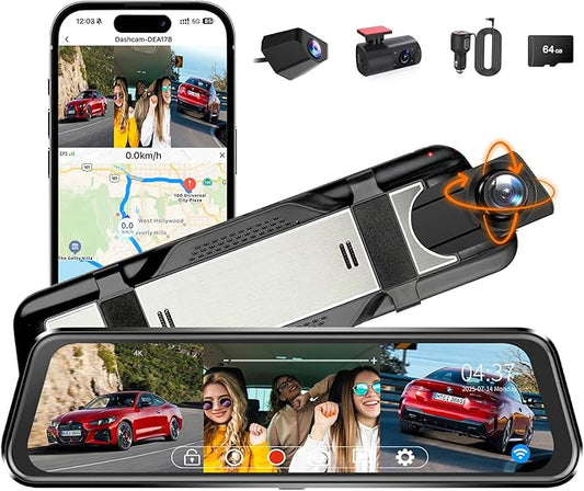 3 Channel Mirror Dash Cam with 4K+Inside 1080P+ 1080P 10 Inch Triple Rearview Mirror Camera, Night Vision, G-Sensor, Reverse Assist, Metal Backplate, Easy User Interface, High Temperature Resistant