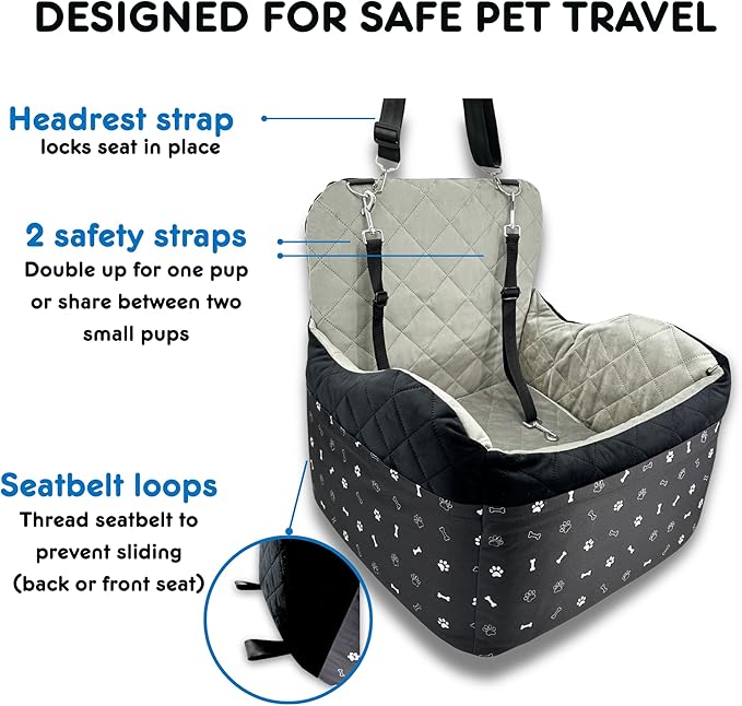 OtterPets Small Dog Car Seat, Memory Foam Dog Booster Car Seats with Thick Cushion for Medium Dogs Under 35lbs, 3Storage Pockets with Zipper, 2 Safety Belts (Black, Regular)