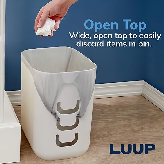 STORi Luup Trash Can (White) - Reuse Grocery Bags - Plastic Garbage Container for Bathroom, Vanity, Laundry Room, Kitchen, Office, Garage - 2.5 Gallon Wastebasket with Hooks to Secure Trash Bags