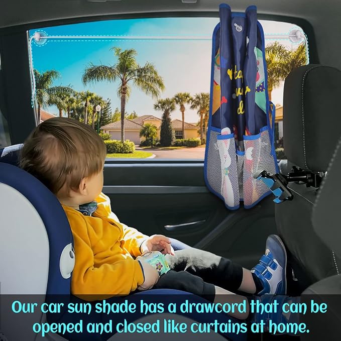 DIZA100 2 Pack Car Window Shade for Baby, Blackout Car Sun Shades with Storage Pockets, 7 Suction Cups, Blue, Cute Patterns for Sun/Heat/UV Rays Protection, Standard Passenger Cars