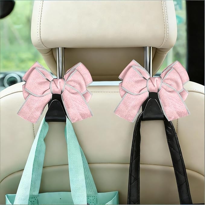 2PCS Car Seat Headrest Hooks, Cute Bow Vehicle Backseat Storage Hanger for Handbag Umbrella Coat, Automotive Seat Back Hook Holder Organizer Decor, Universal for Vehicles (Pink/Gray)