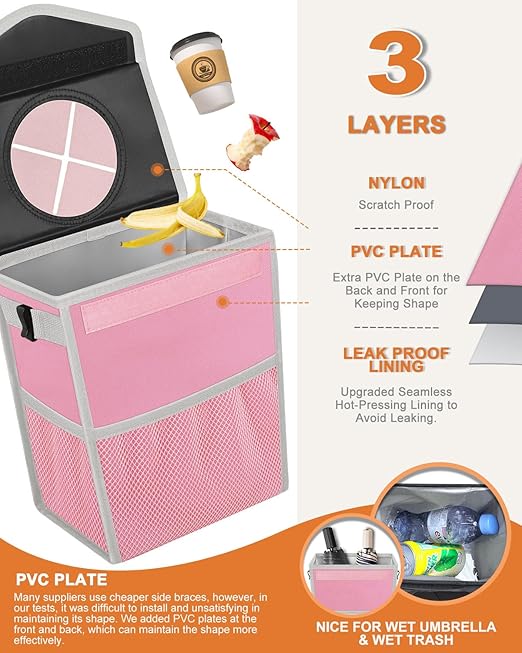Car Trash Can with Lid, Cute Leakproof Car Trash Garbage Bag Hanging Vehicle Trash Bin Small Portable Automotive Garbage Cans Organizer for Back/Front Seat/Console(2.8 gal,Pink