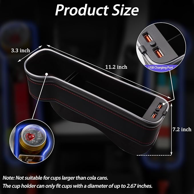 Car Seat Gap Filler Organizer, 2 Pack Multifunctional Car Seat Organizer, 7 Colours Changing LED Car Seat Seam Filler, Auto Console Side Storage Box with Cup Holders(BLACK)