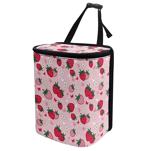 KEIAHUAN Pink Strawberry Car Trash Can Hanging Cute Detachable Garbage Bag for Back Seat Foldable Multipurpose Trash Bin Container Storage Suitable for Sedans, SUVs, Vans