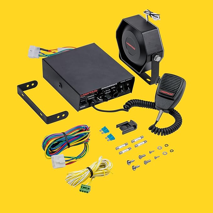 LAMPHUS SoundAlert 12V 100W Police Siren PA System Kit [Slim Speaker] [118-124dB] [Handheld Microphone] [Hands-Free] Warning Emergency Siren for Vehicles Tow Truck UTV ATV Van Car POV RV
