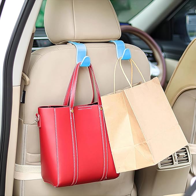 Osilly Car Seat Headrest Hook, 4 Pack Auto Seat Hanger Storage Organizer for Purse Handbag Coats Grocery Bags, Car Interior Accessories, Universal Vehicle Backseat Plastic Hanging Hook（Sky Blue）