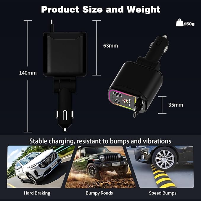 Starlight Retractable Car Charger,66W Fast Car Chargers Adapter 4 in 1 with 2 USB Car Chargers for Phone iPhone 16/15/14/13/12/11 and for Android - Black