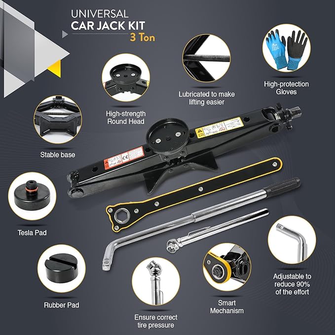 Car Jack Kit with Tesla Pad & Universal Rubber Pad 3 Ton (6,600 lbs) | Scissor Jack for Car - Tire Jack Tool Kit | Portable, Ideal for SUV and Auto - Universal Emergency Kit with Lug Wrench