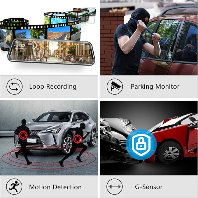 Upgraded 10'' Rear View Mirror Camera Mirror Dash Cam Front and Rear 1080P Backup Camera Full Touch Screen w Loop Recording, G-Sensor Night Vision 170° Wide Angle
