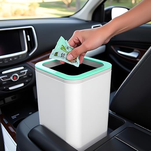 Mini Car Trash Can with Press Lid, Leakproof One-Piece Design, ABS Plastic Garbage Bin with Stainless Steel Spring for Auto Interior (White)