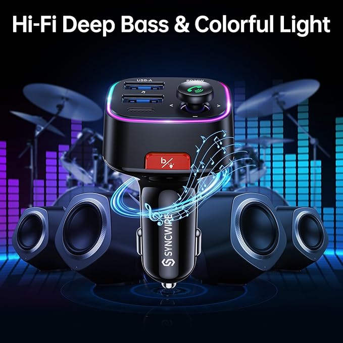 Syncwire Bluetooth 5.4 FM Transmitter Car Adapter 48W (PD 36W & 12W) [Light Switch] [HiFi Bass Sound] [Fast Charging] Wireless Radio Music Adapter LED Display Hands-Free Calling Support USB Drive
