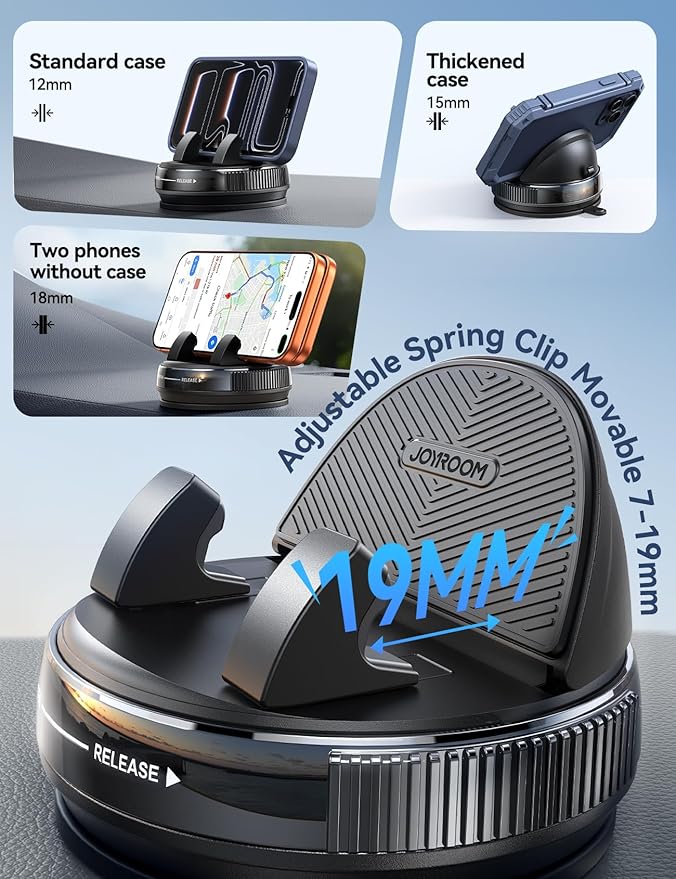 JOYROOM Car Phone Holder Mount, [360° Rotation+Thick Case Friendly] Cell Phone Car Mount with Adjustable Spring Clip, Universal Dashboard Phone Holder Anti-Slip Silicone for iPhone (Black)