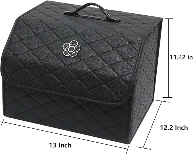 Tissting Car Storage Box, 13 x 12.2 x 11.42 Inch PU Leather Trunk Suv Organizer with Lid, Black Garage Cargo Organizer for Camping Picnic Shopping