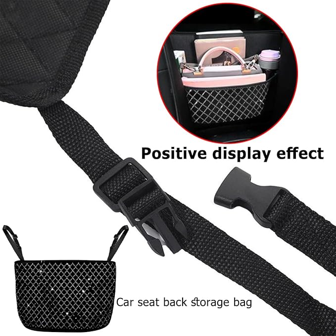 zipelo Bling Car Net Pocket Handbag Holder, Rhinestone Vehicle Backseat Purse Organizer Between Seats, Diamond Hanging Storage Bag Barrier of Pet Kids, Universal Automotive Accessories (Black)