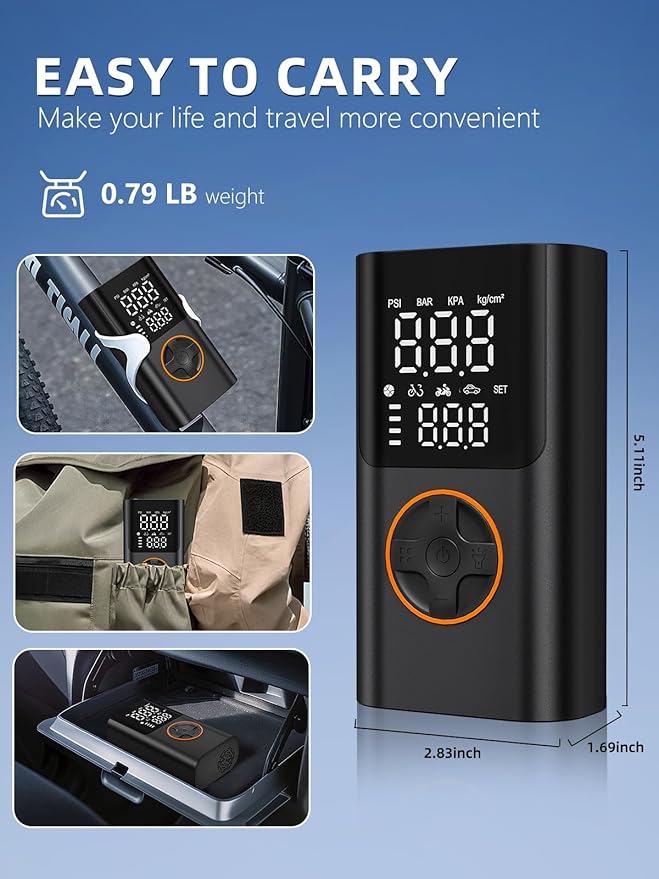 AIRSURE Tire Inflator Portable Air Compressor, Bike Pump with Gauge and USB Charging Output, 150PSI Fast Inflation Portable Tire Inflator for Car Bicycles Motorcycles Scooter Balls