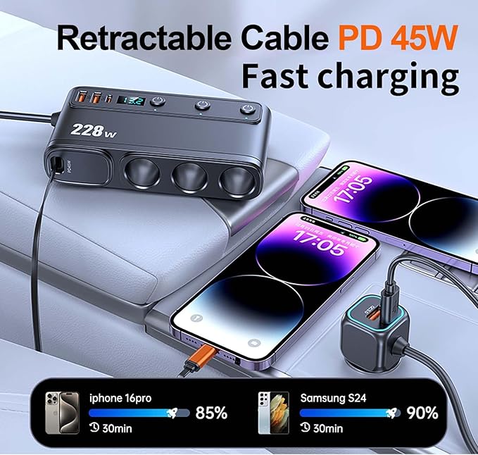 Cigarette Lighter Adapter with Retractable Car Charger,45W USB C Car Accessories 3 Socket Heavy Duty Truck Car Plug Outlet Splitter Fast Charging 12V/24V Independent Switch Multi Port for Car Devices