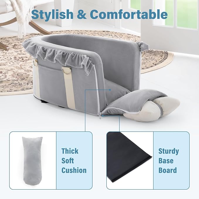 Jaoul Dog Car Seat for Small Dogs - Fully Detachable with Adjustable Straps Center Console Dog Booster Seat - Comfortable Bow Design Pet Car Seats - Portable Pet Booster Seat for Puppy, Cat (Gray)