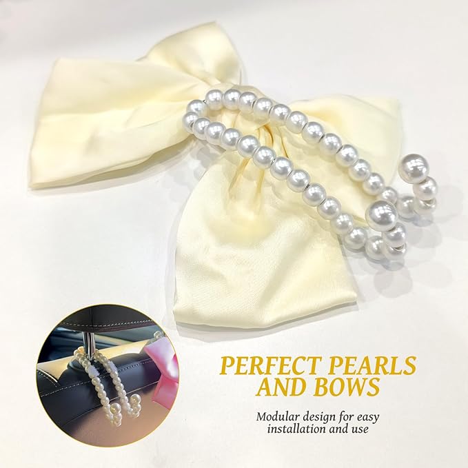 2 PCS Bow Pearl Car Seat Headrest Hook – Cute Purse Hook for Car, Girly Interior Decoration Accessories Hook Hanger, Seatback Holder for Purses & Bags, Elegant Car Organizer (Pearl White)
