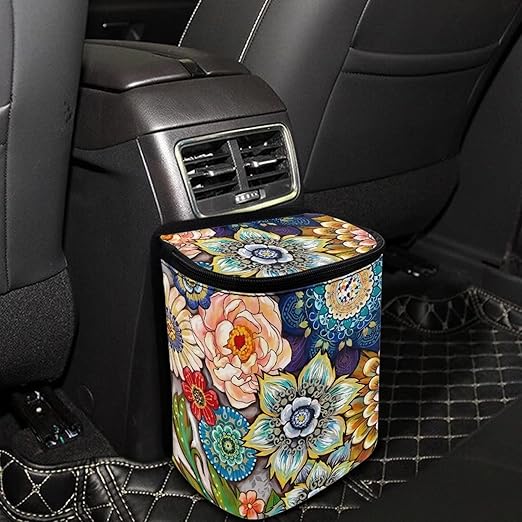 Talayituse Boho Flower Print Car Trash Can with Lid, Leak Proof Auto Trash Bag Hanging Vehicle Garbage Can Multipurpose Storage Container for Back Seat Road Trip