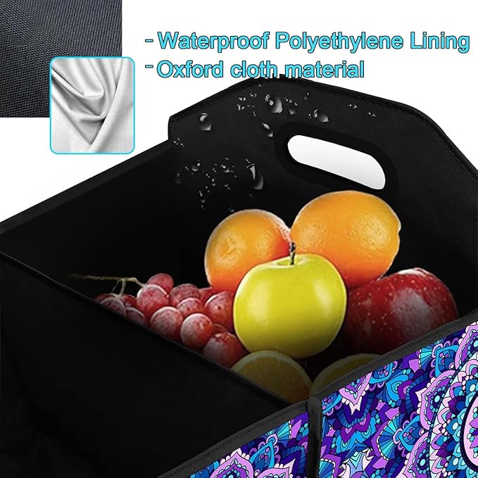 Purple Mandala Flower Car Trunk Storage Box with Pockets Car Accessory for SUVs Cars Automotive Organizer