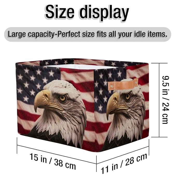 Retro American Flag Patriotic Storage Baskets for Organizing, Fabric Collapsible Storage Bins Box Bald Eagle Decorative Toy Organizer Baskets for Closet Shelves Gift Basket 1 Pc