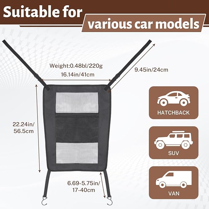 Dog Barrier for SUV, Car Net for Dogs with Adjusting Rope and Hook, Sturdy Mesh Backseat Car Divider for Small and Medium-Sized Dogs (Black)
