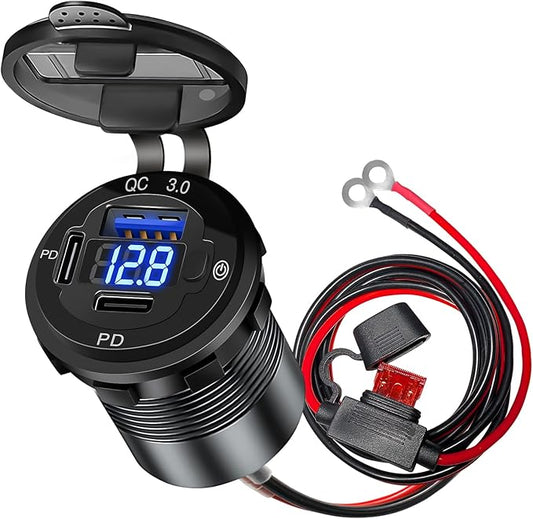 3 Port 12V USB Outlet Aluminum Car Charger, 78W Dual PD30W/QC3.0 Multiple USB Port with Voltmeter and Switch, USB C Cigarette Lighter Replacement 12 Volt Socket Waterproof for Marine Boat Truck RV