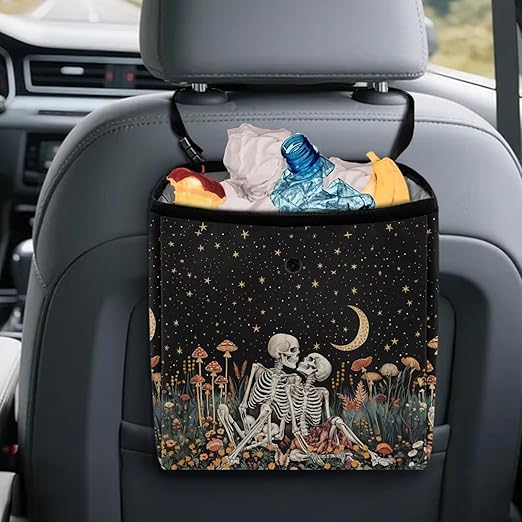 Skulls Mushroom 2 Gallons Car Trash Can Hanging Car Trash Bag Moon Starry Night Water Resistant Leakproof Trash Bag Car Accessories for Women Men