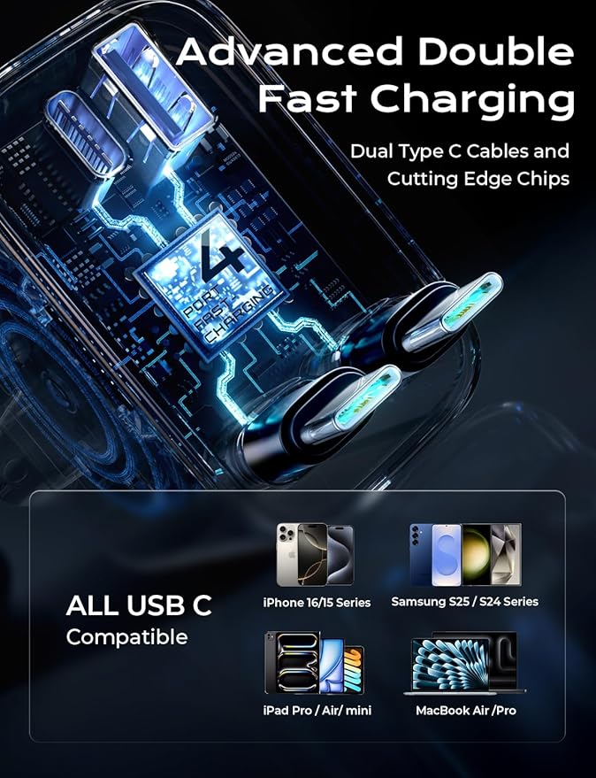LISEN Retractable Car Charger USB C [Upgraded Dual Type C] 75W Fast 4 in 1 Car Charger for iPhone 17, Road Trip Essentials Gifts for Men Women, Car Accessories for Galaxy S26 Phone 17 Pro Max 16 15