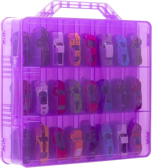 KISLANE Double Sided Toy Car Storage Case for 48 Toy Cars, Matchbox Cars, Mini Toys, Small Dolls, Portable Transparent Storage Case for Toy Cars, Matchbox Cars with 48 Compartments, Case Only