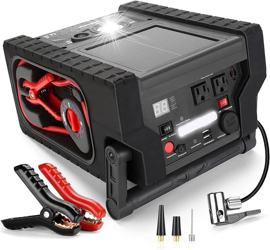 2000A Car Battery Jump Starter with Air Compressor 12V Battery Jumper Box Car Start Booster Up to 10L Gas/8L Diesel Engines with 400W AC Inverter, LED Light