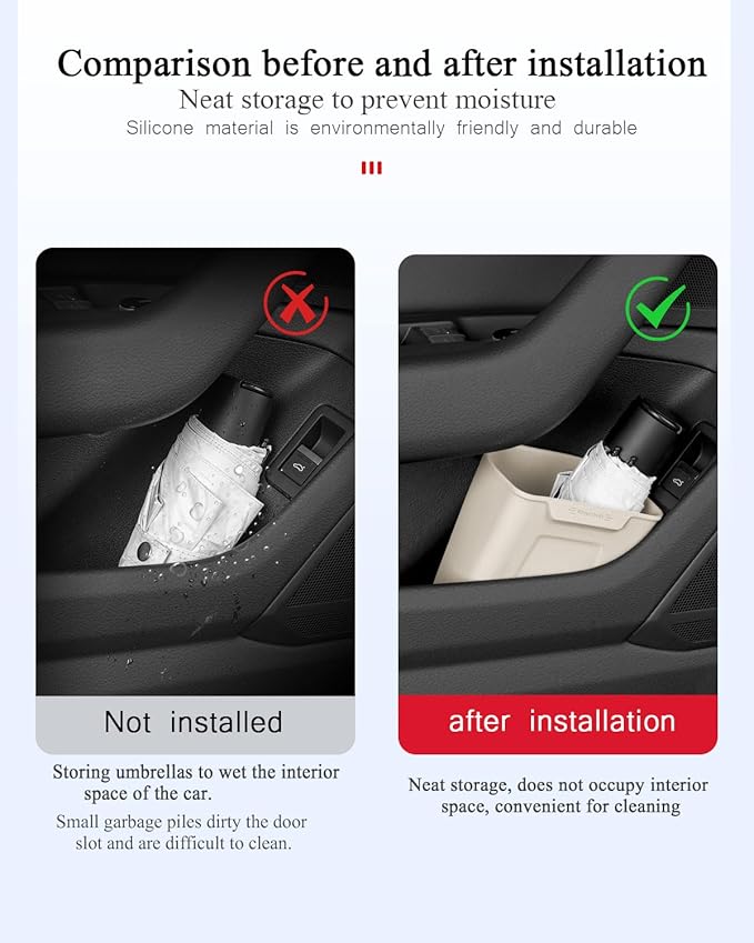 XmuxHai Car Interior Storage Box, Black Silicone Door Side Organizer with Umbrella Holder and Trash Can, Vehicle Accessory (Beige)