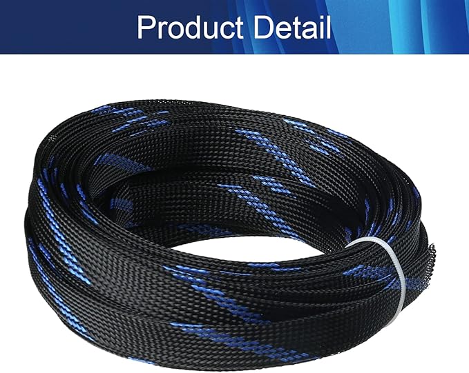Aicosineg 32.81ft PET Flexible Braided Cable Sleeve 0.62inch Width Wire Loom Sleeving and Organizer Flexible Wire Mesh Sleeve for TV Audio PC Cords from Pets Chewing Black and Blue