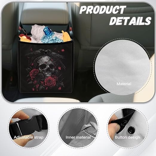 Crow Skull Rose Print Car Trash Can Leakproof Trash Bin Car Garbage Can Hanging Water-Resistant Collapsible Auto Trash Bag Halloween Decor Car Accessories for Women Men