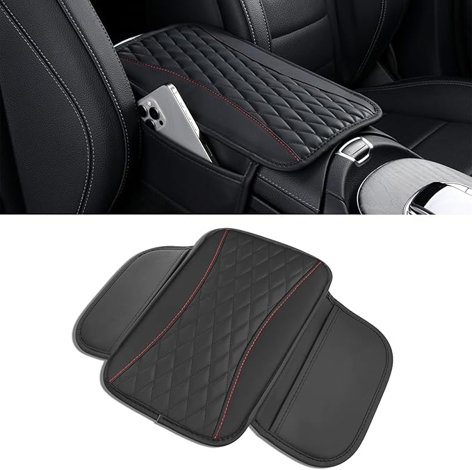 Leather Car Center Console Cover with Side Pockets, Upgraded Arm Rest Cover for Car Seat Organizer, Middle Console Cover Stylish Car Decoration, Universal for Most Vehicles (Black)