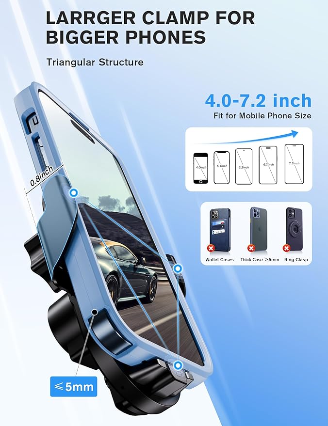 Wireless Car Charger, 15W Fast Charging Car Phone Holder Auto Clamping, Phone Mount for Car Dashboard Air Vent Windshield, for All iPhone Android (Black)